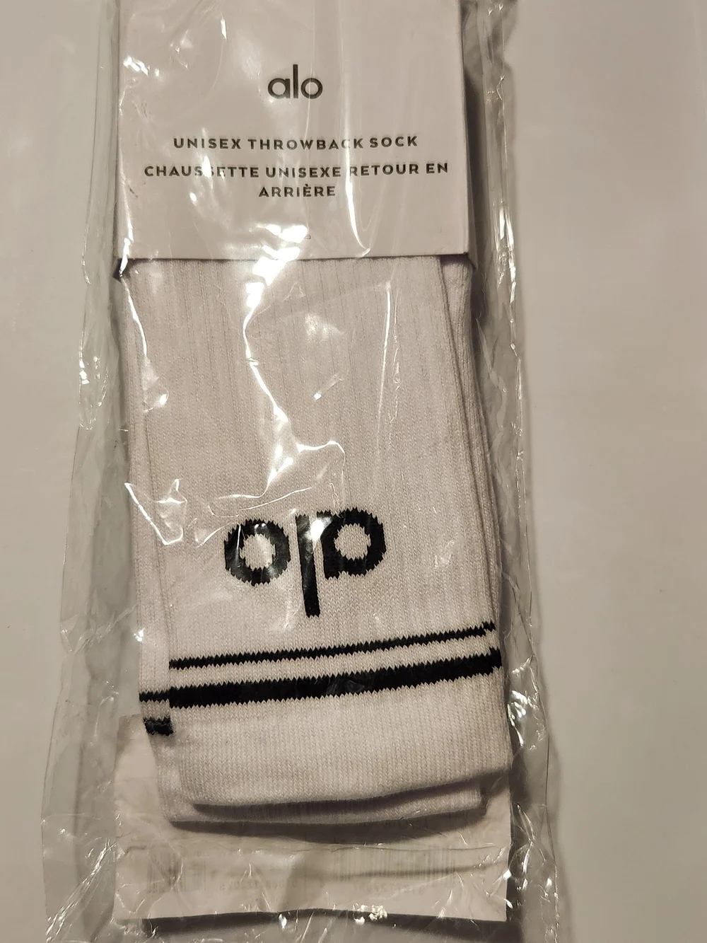ALO Yoga White Athletic Crew Socks with Black Stripes